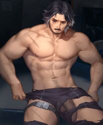 Rule 34 | 1boy, abs, absurdres, bara, barra.kun.7, black hair, black pants, closed mouth, facial hair, highres, large pectorals, male focus, mature male, multicolored hair, muscular, muscular male, navel, nipples, pants, pectorals, penis, penis peek, scar, scar across eye, scar on face, short hair, solo, thick thighs, thighs, torn clothes, torn pants, two-tone hair, white hair, wuthering waves, yhan (wuthering waves)