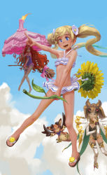 Rule 34 | 3girls, :d, anna (granblue fantasy), bikini, bikini skirt, blonde hair, blue eyes, bow, broom, broom riding, brown hair, candle, character request, cloud, doyora, dragon, female focus, flat chest, flower, granblue fantasy, hair flower, hair ornament, io (granblue fantasy), io (summer) (granblue fantasy), long hair, metera (granblue fantasy), miniskirt, multiple girls, one-piece swimsuit, open mouth, outdoors, pink bow, red hair, sandals, skirt, sky, smile, solo focus, swimsuit, twintails, vyrn (granblue fantasy)