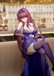 Rule 34 | 1girl, absurdres, akilv, bar (place), bar stool, blurry, blurry background, breasts, choker, cleavage, closed mouth, cocktail glass, commentary, crossed legs, cup, dress, drink, drinking glass, elbow gloves, fate/grand order, fate (series), flower, food, fruit, gloves, hair between eyes, hair flower, hair ornament, highres, holding, holding cup, indoors, large breasts, lemon, lemon slice, lips, long hair, looking at viewer, purple dress, purple flower, purple gloves, purple hair, purple thighhighs, red eyes, revision, scathach (fate), scathach (formal dress) (fate), sidelocks, sitting, smile, solo, stool, thighhighs