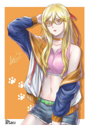 Rule 34 | 1girl, absurdres, aino minako, alternate costume, artanu, artist logo, belt, bespectacled, bishoujo senshi sailor moon, blonde hair, blue jacket, blue shorts, border, breasts, casual, clothing request, collarbone, commentary, cowboy shot, denim, denim shorts, english commentary, eyelashes, eyeshadow, glasses, green belt, hair between eyes, hair ribbon, hand on own head, highres, jacket, jacket partially removed, lips, long hair, long sleeves, looking ahead, makeup, medium breasts, midriff, multicolored clothes, multicolored jacket, navel, orange-framed eyewear, orange background, orange jacket, orange sailor collar, outside border, parted lips, paw print, pink lips, pocket, purple eyes, red ribbon, ribbon, sailor collar, short shorts, shorts, signature, simple background, single bare shoulder, sleeve cuffs, solo, white border, white jacket, yellow eyeshadow, zipper