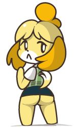 Rule 34 | 1girl, :&lt;, animal crossing, animal ears, animal nose, ass, barefoot, black eyes, blonde hair, blue skirt, blush stickers, closed mouth, clothing cutout, dog ears, dog girl, dog tail, female focus, furry, furry female, green vest, isabelle (animal crossing), jaggy lines, legs apart, looking back, looking to the side, microskirt, nintendo, parted bangs, pencil skirt, plaid, plaid vest, shirt, short hair, short sleeves, simple background, skirt, solo, tail, tail through clothes, toed hair, topknot, vest, vilepluff, white background, white shirt
