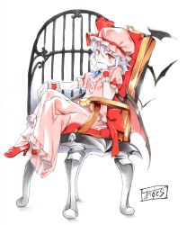 Rule 34 | 1girl, asutora, bat wings, blush, brooch, chair, crossed legs, hand on own knee, hat, hat ribbon, head rest, high heels, highres, jewelry, light purple hair, looking at viewer, mob cap, pink shirt, pink skirt, pointy ears, red eyes, red footwear, remilia scarlet, ribbon, shirt, shoes, signature, sitting, skirt, smile, solo, touhou, wings, wrist cuffs