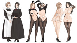 Rule 34 | 2girls, animal ears, apron, armpits, arms behind head, ass, back, backboob, black eyes, black footwear, black gloves, black hair, black legwear, blue eyes, blush, bow, bowtie, bra, breasts, brown hair, butt crack, cleavage, dress, edea (throtem), elbow gloves, fake animal ears, frills, gloves, gluteal fold, grin, hat, heart maebari, heart pasties, high heels, highres, light smile, long hair, looking at viewer, maebari, maid, maid apron, martha (throtem), meme attire, mob cap, multiple girls, multiple views, navel, original, panties, panty pull, pasties, pumps, rabbit ears, rabbit tail, red lips, reverse bunnysuit, reverse outfit, shoes, shrug (clothing), simple background, smile, stiletto heels, tail, thigh gap, thighhighs, throtem, underwear, victorian maid, white background, white bra, white panties