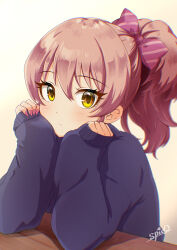 Rule 34 | 1girl, absurdres, artist name, blush, bow, cardigan, diagonal-striped bow, fingernails, hair bow, hands on own cheeks, hands on own face, highres, idolmaster, idolmaster cinderella girls, jougasaki mika, long sleeves, looking at viewer, nail polish, pink hair, ponytail, purple cardigan, signature, simple background, sleeves past wrists, solo, spicapix, yellow eyes