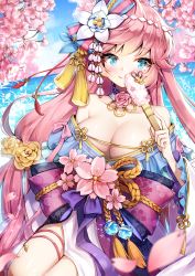 Rule 34 | 1girl, ankkoyom, bare shoulders, blue bow, blue eyes, bow, breasts, cleavage, collarbone, commentary request, flower, hair bow, hair flower, hair ornament, highres, houchi shoujo, japanese clothes, kimono, large bow, large breasts, long hair, looking at viewer, mole, mole under eye, orange flower, pink bow, pink flower, pink hair, smile, solo, white flower