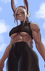 Rule 34 | 1girl, abs, alternate costume, animal ear fluff, animal ears, arms at sides, artist name, black pants, black shirt, black wristband, blue sky, blush, boku no hero academia, braid, braided ponytail, breasts, brown lips, choker, cloud, collarbone, cowboy shot, crop top, dark-skinned female, dark skin, day, eyelashes, fat mons, grin, gud0c, half-closed eyes, highres, hip focus, long eyelashes, long hair, looking at viewer, looking down, medium breasts, mirko, muscular, muscular female, open hand, outdoors, outline, pants, parted bangs, perspective, rabbit ears, raised eyebrow, red eyes, shiny clothes, shiny skin, shirt, sidelighting, sidelocks, sky, sleeveless, sleeveless turtleneck, slit pupils, smile, solo, turtleneck, underboob, veins, veiny arms, very long hair, white hair