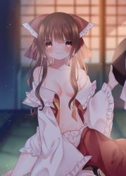 Rule 34 | 2girls, bare shoulders, bloomers, blurry, blurry background, blush, bow, breasts, brown hair, cacao (cacaomgmg), collarbone, depth of field, detached sleeves, feet out of frame, frilled bow, frills, hair bow, hair censor, hair tubes, hakurei reimu, hat, unworn hat, unworn headwear, highres, holding, holding clothes, holding hat, indoors, kirisame marisa, long hair, long sleeves, looking at viewer, multiple girls, navel, off shoulder, out of frame, red bow, red skirt, shirt, sidelocks, sitting, skirt, skirt set, smile, solo focus, touhou, underwear, white bloomers, wide sleeves, witch hat
