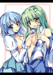Rule 34 | 2girls, :p, arm between breasts, bare shoulders, between breasts, blue eyes, blue hair, blush, breasts, collarbone, detached sleeves, female focus, frog, frog hair ornament, green hair, hair ornament, hair tubes, hand on another&#039;s chest, heterochromia, kochiya sanae, letterboxed, long hair, long sleeves, multiple girls, open clothes, open mouth, open shirt, red eyes, ryokushiki (midori-ya), shirt, short hair, smile, tatara kogasa, tongue, tongue out, touhou, yellow eyes