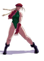 Rule 34 | 1girl, 78 (tky8), abs, bare legs, blonde hair, blue eyes, bodysuit, boots, boxing gloves, braid, cammy white, capcom, fingerless gloves, gloves, hat, long hair, looking to the side, muscular, muscular female, open mouth, peaked cap, red gloves, shadow, simple background, solo, standing, stomach, street fighter, twin braids, twintails, white background