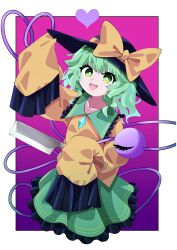 Rule 34 | 1girl, black hat, blouse, bow, buttons, commentary, diamond button, eyeball, frilled shirt collar, frilled skirt, frilled sleeves, frills, fugaku (miko no miyatsuguchi), green eyes, green hair, green skirt, hat, hat bow, hat ribbon, heart, heart of string, highres, holding, holding knife, holding weapon, knife, koishi day, komeiji koishi, looking at viewer, medium hair, ribbon, shirt, skirt, sleeves past fingers, sleeves past wrists, smile, solo, string, third eye, touhou, waving, weapon, wide sleeves, yellow bow, yellow shirt