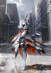 Rule 34 | 1girl, absurdres, animal ears, arknights, armored boots, black gloves, black thighhighs, boots, coat, day, ear ornament, frostnova (arknights), full body, gawako, gloves, grey eyes, grey sky, hair ornament, hair over one eye, hairclip, highres, holding, holding sword, holding weapon, lamppost, long hair, looking at viewer, outdoors, overcast, rabbit ears, scar, scar on face, scar on nose, sky, snow, solo, standing, sword, thighhighs, weapon, white coat, white hair