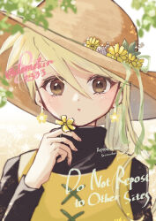 1girl absurdres blonde_hair brown_eyes brown_hat creatures_(company) demekin2333 flower game_freak hair_between_eyes hat highres holding holding_flower long_hair long_sleeves looking_at_viewer nintendo parted_lips pokemon pokemon_adventures solo sun_hat tunic upper_body yellow_(pokemon) yellow_flower yellow_tunic