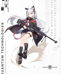 Rule 34 | 1girl, absurdres, accuracy international, animal ear fluff, animal ears, anti-materiel rifle, artist name, bandaged leg, bandages, bipod, black coat, black footwear, black panties, black skirt, black socks, blue eyes, boots, cat ears, coat, commentary request, dated, floating hair, full body, gun, hair ornament, headphones, headphones around neck, highres, holding, holding gun, holding weapon, k.t.cube, leg belt, long hair, long sleeves, looking at viewer, low twintails, md5 mismatch, military, miniskirt, multicolored hair, open clothes, open coat, original, panties, resolution mismatch, rifle, science fiction, shirt, silver hair, skirt, sniper rifle, socks, solo, source larger, thighs, twintails, two-tone hair, underwear, very long hair, weapon, white background, white shirt