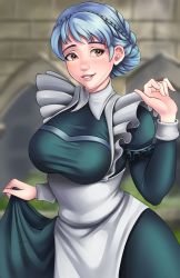 Rule 34 | 1girl, absurdres, artist name, blue hair, braid, breasts, brown eyes, dress, fire emblem, fire emblem: three houses, grin, highres, jackary, large breasts, light blue hair, lips, looking to the side, maid, maid headdress, marianne von edmund, nintendo, short hair, smile, solo, wide hips