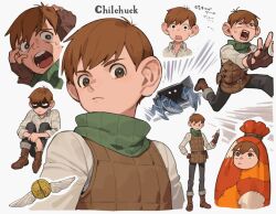 Rule 34 | 1boy, boots, brown eyes, brown footwear, brown gloves, brown hair, brown vest, character name, closed mouth, collared shirt, costume, crab, dungeon meshi, dwarf, gloves, grey shirt, large ears, long sleeves, looking at viewer, male focus, motion lines, multiple views, open mouth, running, scared, shaded face, shirt, sitting, sweatdrop, vest, zoo (oukakumaku)