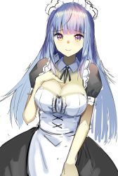 Rule 34 | 1girl, absurdres, apron, aquna, black ribbon, blue hair, blunt bangs, breasts, cleavage, closed mouth, detached collar, hand on own chest, highres, large breasts, long hair, looking at viewer, maid, maid apron, maid headdress, multicolored eyes, neck ribbon, original, puffy short sleeves, puffy sleeves, purple eyes, ribbon, short sleeves, smile, solo, standing, upper body, wing collar, yellow eyes