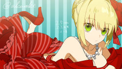 Rule 34 | 1girl, ahoge, akamakoto, blonde hair, braid, breasts, cleavage, dress, fate/extra, fate (series), french braid, green eyes, hair between eyes, hair bun, hair intakes, high heels, highres, jewelry, long hair, looking at viewer, lying, medium breasts, necklace, nero claudius (fate), nero claudius (fate) (all), nero claudius (fate/extra), official alternate costume, official art, on stomach, pearl necklace, red dress, single hair bun, solo