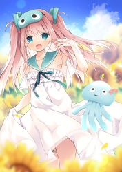 Rule 34 | 1girl, :d, bare shoulders, blue eyes, blue sailor collar, blurry, blurry background, blurry foreground, character request, commentary request, day, dress, fang, field, flower, flower field, hand up, highres, long hair, looking at viewer, octopus, open mouth, outdoors, petals, pink hair, purinpurin, sailor collar, sailor dress, skindentation, smile, solo, sunflower, sunflower field, thigh strap, two side up, very long hair, virtual youtuber, vpro, white dress, yellow flower