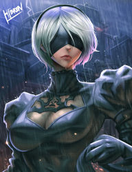 Rule 34 | 1girl, black blindfold, black dress, black gloves, blindfold, breasts, building, cleavage, cleavage cutout, clothing cutout, covered eyes, dress, gloves, grey hair, hibren, juliet sleeves, large breasts, long sleeves, nier (series), nier:automata, outdoors, puffy sleeves, rain, short hair, signature, solo, upper body, 2b (nier:automata)