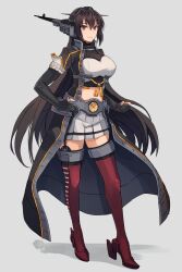 Rule 34 | 1girl, black coat, black gloves, black hair, breasts, closed mouth, coat, elbow gloves, full body, gloves, hair between eyes, headgear, highres, kantai collection, kasumi (skchkko), large breasts, long coat, long hair, nagato (kancolle), nagato kai ni (kancolle), open clothes, open coat, partially fingerless gloves, pleated skirt, red eyes, red thighhighs, rudder footwear, skirt, smile, solo, thighhighs, white skirt