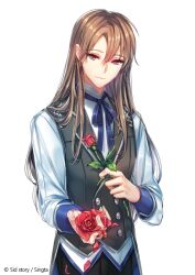 Rule 34 | 1boy, black pants, black vest, blue ribbon, brown hair, buttons, copyright notice, cowboy shot, dorian (sid story), double-breasted, flower, grey eyes, hair between eyes, holding, holding flower, lapels, long hair, long sleeves, looking at viewer, male focus, neck ribbon, notched lapels, official art, pants, petals, red flower, red rose, ribbon, rose, shirt, sid story, sila (carpen), silver trim, simple background, sleeve cuffs, smile, solo, untucked shirt, vest, white background, white shirt