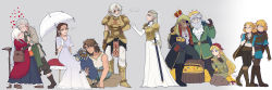 Rule 34 | ..., 5boys, 6+girls, absurdres, aged up, armor, armored dress, beard, blonde hair, breastplate, brown hair, cane, cloak, couple, crown, dark-skinned female, dark skin, dress, eyepatch, facial hair, gold, grey hair, heart, highres, hug, if they mated, link, mims (mimimon), multiple boys, multiple girls, multiple persona, nintendo, old, old man, old woman, parasol, pointy ears, princess zelda, shared speech bubble, sitting, speech bubble, spoken ellipsis, tetra, the legend of zelda, the legend of zelda: breath of the wild, the legend of zelda: ocarina of time, the legend of zelda: skyward sword, the legend of zelda: the wind waker, the legend of zelda: twilight princess, treasure chest, umbrella