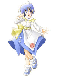 Rule 34 | 1girl, :d, bare legs, blue eyes, blue hair, dress, full body, long sleeves, loo, matching hair/eyes, open mouth, shoes, simple background, smile, solo, standing, suka, ukagaka, white background, white dress
