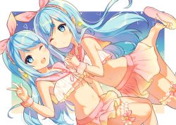 Rule 34 | 2girls, ;d, bare arms, bare shoulders, barefoot, blue eyes, blue hair, bridal garter, closed mouth, commentary request, cona kinaco, crop top, earrings, feet, hairband, holding hands, jewelry, long hair, looking at viewer, midriff, miniskirt, multiple girls, navel, near (sound voltex), noah (sound voltex), one eye closed, open mouth, pink sailor collar, pink skirt, sailor collar, shirt, siblings, sisters, skirt, sleeveless, sleeveless shirt, slippers, smile, sound voltex, sound voltex ii infinite infection, star (symbol), star earrings, stomach, thick eyebrows, twins, v, white shirt, wrist cuffs