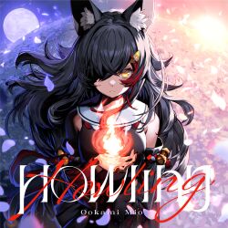 Rule 34 | 1girl, absurdres, album cover, album name, animal ears, black hair, black skirt, breasts, brown eyes, character name, cover, crying, detached sleeves, fire, floating hair, frown, hair over one eye, highres, hololive, izumi sai, long hair, looking at viewer, medium breasts, moon, official art, one eye covered, ookami mio, ookami mio (1st costume), open hand, shirt, skirt, sleeveless, sleeveless shirt, solo, straight-on, sun, very long hair, virtual youtuber, wolf ears