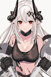 Rule 34 | 1girl, absurdres, arknights, bare shoulders, black choker, black gloves, black shirt, breasts, choker, cleavage, closed mouth, collarbone, crop top, gloves, highres, horns, infection monitor (arknights), jumpsuit, large breasts, long hair, looking at viewer, material growth, midriff, mudrock (arknights), mudrock (elite ii) (arknights), oripathy lesion (arknights), pointy ears, red eyes, shirt, sidelocks, sleeveless, sleeveless shirt, solo, stomach, takehana note, upper body, white hair