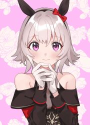 Rule 34 | 1girl, 51likes, absurdres, animal ears, bare shoulders, black coat, blush, bow, closed mouth, coat, curren chan (umamusume), ear bow, floral background, gloves, grey hair, hairband, hands up, highres, horse ears, long sleeves, looking at viewer, off-shoulder coat, off shoulder, own hands together, purple eyes, shirt, short hair, sleeveless, sleeveless shirt, smile, solo, umamusume, underwear, white gloves