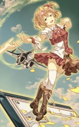 Rule 34 | 10s, 1girl, :d, aircraft, asymmetrical clothes, asymmetrical sleeves, belt, boots, bow, brown footwear, buckle, cheese kang, clothes lift, collared shirt, dress shirt, flying teardrops, freyja wion, full body, glowing, green eyes, hair bow, hair ornament, heart, highres, leaning, looking at viewer, macross, macross delta, mecha, miniskirt, open mouth, out of frame, outstretched arm, petals, reaching, red bow, red skirt, robot, shirt, short hair, short sleeves, skirt, skirt lift, sky, smile, solo focus, standing, thighhighs, uneven sleeves, vest, white shirt, white thighhighs, wind, wrist cuffs