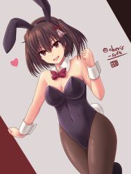 Rule 34 | 1girl, animal ears, black hair, black leotard, bow, bowtie, breasts, brown eyes, brown pantyhose, cleavage, detached collar, dutch angle, fake animal ears, fishnet pantyhose, fishnets, hair ornament, haura akitoshi, kantai collection, leotard, looking at viewer, medium breasts, pantyhose, playboy bunny, rabbit ears, rabbit tail, red bow, red bowtie, sendai (kancolle), sendai kai ni (kancolle), solo, strapless, strapless leotard, tail, twitter username, two side up, wrist cuffs