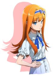 Rule 34 | 1girl, belt, blue bow, blue eyes, blue hairband, bow, bow hairband, buttons, closed mouth, collared dress, dress, expressionless, fingernails, flat chest, frilled dress, frills, ganno, hair intakes, hairband, hand on own hip, higurashi no naku koro ni mei, houtani nao, long hair, looking at viewer, orange hair, puffy short sleeves, puffy sleeves, shadow, short sleeves, simple background, solo, standing, upper body, white background, white dress