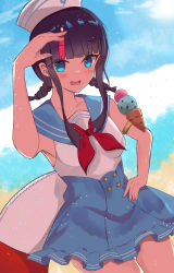 Rule 34 | 1girl, absurdres, armlet, bare shoulders, black hair, blue eyes, blue sailor collar, blue skirt, blush, braid, breasts, buttons, double-breasted, fate/grand order, fate (series), hands up, hat, highres, hiiro monaka, innertube, looking at viewer, low twin braids, medium breasts, medium hair, multicolored hair, one-piece swimsuit, open mouth, pink hair, sailor collar, sailor hat, sidelocks, skirt, smile, solo, streaked hair, swim ring, swimsuit, thighs, twin braids, utsumi erice, utsumi erice (swimsuit avenger), white hat, white one-piece swimsuit