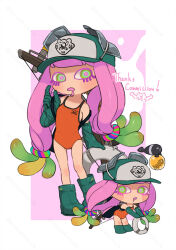 Rule 34 | 1girl, baseball cap, boots, border, chibi, chibi inset, colored tips, commentary request, commission, coula cat, duct tape, eyelashes, gloves, green eyes, green footwear, green gloves, harmony&#039;s clownfish (splatoon), harmony (splatoon), hat, lifebuoy, long hair, multicolored hair, multiple views, nintendo, one-piece swimsuit, orange one-piece swimsuit, outside border, pink background, pink hair, pink pupils, print headwear, rubber boots, rubber gloves, salmon run (splatoon), splatoon (series), swim ring, swimsuit, thank you, white border