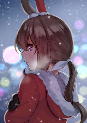 Rule 34 | 1girl, absurdres, admire vega (umamusume), animal ears, blurry, blush, bokeh, breath, brown hair, coat, commentary request, depth of field, ear covers, from behind, highres, hood, hood down, hooded coat, horse ears, horse girl, hukahito, long hair, looking at viewer, looking back, mittens, parted lips, ponytail, purple eyes, red coat, sidelocks, snow, solo, umamusume, upper body
