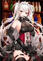 Rule 34 | 1girl, absurdres, azur lane, bare shoulders, black gloves, black pantyhose, blurry, blurry background, bottle, breasts, cleavage, dress, elbow gloves, gloves, highres, large breasts, long hair, looking at viewer, mole, mole on breast, multicolored hair, pantyhose, prinz eugen (azur lane), prinz eugen (kindred evening spirits) (azur lane), red eyes, red hair, sideboob, solo, streaked hair, thigh strap, thighband pantyhose, thighs, white hair, yukineko1018