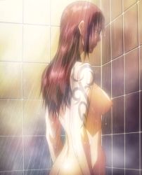 Rule 34 | 1girl, black eyes, black lagoon, breasts, brown hair, completely nude, female focus, highres, indoors, large breasts, long hair, nipples, nude, revy (black lagoon), screencap, shower, solo, stitched, tattoo, third-party edit, tiles, water, wet