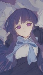 1girl aluce blue_bow blue_bowtie blue_hair blunt_bangs bow bowtie expressionless frederica_bernkastel highres lolita_fashion long_hair looking_at_viewer lying on_back parted_lips purple_eyes sidelocks sketch solo umineko_no_naku_koro_ni upper_body wide_sleeves witch