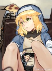 Rule 34 | 1boy, akisa yositake, blonde hair, bridget (guilty gear), chips (food), closed mouth, commentary request, couch, fingerless gloves, food, gloves, green eyes, guilty gear, guilty gear strive, hair between eyes, legs up, looking to the side, male focus, mouth hold, on couch, pizza, pizza slice, playing games, playstation controller, potato chips, sitting, solo, trap, twitter username
