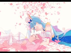 Rule 34 | 2girls, aoi tete, artist name, ascot, blue cape, blue dress, blue eyes, blue hair, blurry, bow, brooch, cape, cherry blossoms, closed eyes, commentary, cure prism, cure sky, cut bangs, detached sleeves, dress, earclip, elbow gloves, facing another, fingerless gloves, gloves, hands in another&#039;s armpits, highres, hirogaru sky! precure, jewelry, laughing, letterboxed, long hair, looking at another, lying, magical girl, multicolored hair, multiple girls, on back, on stomach, open mouth, parted lips, petals, pink hair, precure, puffy short sleeves, puffy sleeves, short sleeves, signature, sleeveless, sleeveless dress, smile, sora harewataru, streaked hair, twintails, two-tone hair, very long hair, white ascot, white dress, white gloves, wing brooch, wing hair ornament, yuri