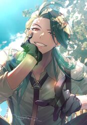 Rule 34 | 1girl, ahoge, androgynous, black gloves, black necktie, blue sky, bright pupils, collared shirt, creatures (company), dappled sunlight, earrings, game freak, gloves, green hair, grey shirt, grin, hand on own cheek, hand on own face, highres, jewelry, long hair, moge-hera, necktie, nintendo, pointing, pointing at viewer, pokemon, pokemon sv, ponytail, red eyes, rika (pokemon), shirt, short sleeves, sky, smile, solo, sunlight, suspenders, tree, white pupils