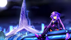 Rule 34 | 1girl, absurdres, blue eyes, bodysuit, braid, breasts, city, cleavage, cleavage cutout, clothing cutout, cundodeviant, hair ornament, highres, large breasts, leotard, long hair, looking away, neptune (neptunia), neptune (series), night, purple hair, purple heart (neptunia), solo, standing, symbol-shaped pupils, thighhighs, twin braids