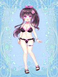 Rule 34 | 1girl, :d, bare arms, bare shoulders, bikini, black bikini, black footwear, black hair, blue background, blush, breasts, cleavage, copyright request, flower, frilled bikini, frills, full body, gluteal fold, hair flower, hair ornament, hair ribbon, high ponytail, highres, large breasts, long hair, looking at viewer, open mouth, pink flower, pink ribbon, ponytail, purple eyes, ribbon, sandals, shikito (yawa0w0), side-tie bikini bottom, smile, solo, standing, standing on one leg, swimsuit, thigh gap, very long hair, water drop