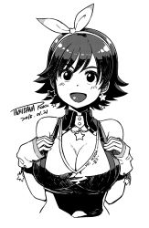 Rule 34 | 1girl, :d, bare shoulders, bow, bow hairband, breasts, cleavage, dated, earrings, greyscale, hair bow, hairband, hands up, highres, honda mio, idolmaster, jewelry, large breasts, looking at viewer, monochrome, necklace, open mouth, signature, simple background, smile, solo, star (symbol), star earrings, star necklace, tachibana roku, upper body, white background