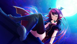 Rule 34 | 1girl, boots, brown eyes, cape, dress, closed eyes, full moon, game cg, crossed legs, long hair, luce yami asutarite, magical marriage lunatics!!, moon, night, open mouth, red hair, sitting, solo, thighhighs, yamakaze ran
