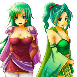 Rule 34 | 2girls, bad id, bad pixiv id, blue eyes, breasts, cape, cleavage, cosplay, costume switch, detached sleeves, final fantasy, final fantasy iv, final fantasy vi, green eyes, green hair, hda, large breasts, long hair, lowres, multiple girls, pantyhose, ponytail, rydia (ff4), rydia (ff4) (cosplay), small breasts, terra branford (cosplay), tina branford, tina branford (cosplay)