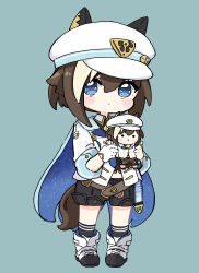 Rule 34 | 1girl, animal ears, black shirt, black shorts, black socks, blue background, blue eyes, blush stickers, boots, brown hair, character doll, cheval grand (umamusume), chibi, collared shirt, commentary request, doll, full body, gloves, hair between eyes, hat, highres, holding, holding doll, horse ears, horse girl, horse tail, jacket, long sleeves, looking at viewer, multicolored hair, nozo (hitomiz), peaked cap, shirt, shorts, simple background, socks, solo, standing, streaked hair, tail, umamusume, white footwear, white gloves, white hair, white hat, white jacket