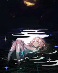 Rule 34 | 1girl, expressionless, highres, kichin yarou, long hair, looking away, moon, nude, parted lips, pink eyes, pink hair, solo, submerged, very long hair, water